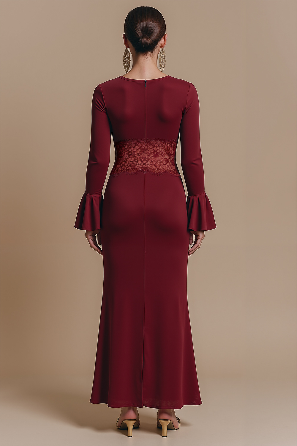 Burgundy Jewel Neck Satin Long Sleeves Formal Dress with Lace