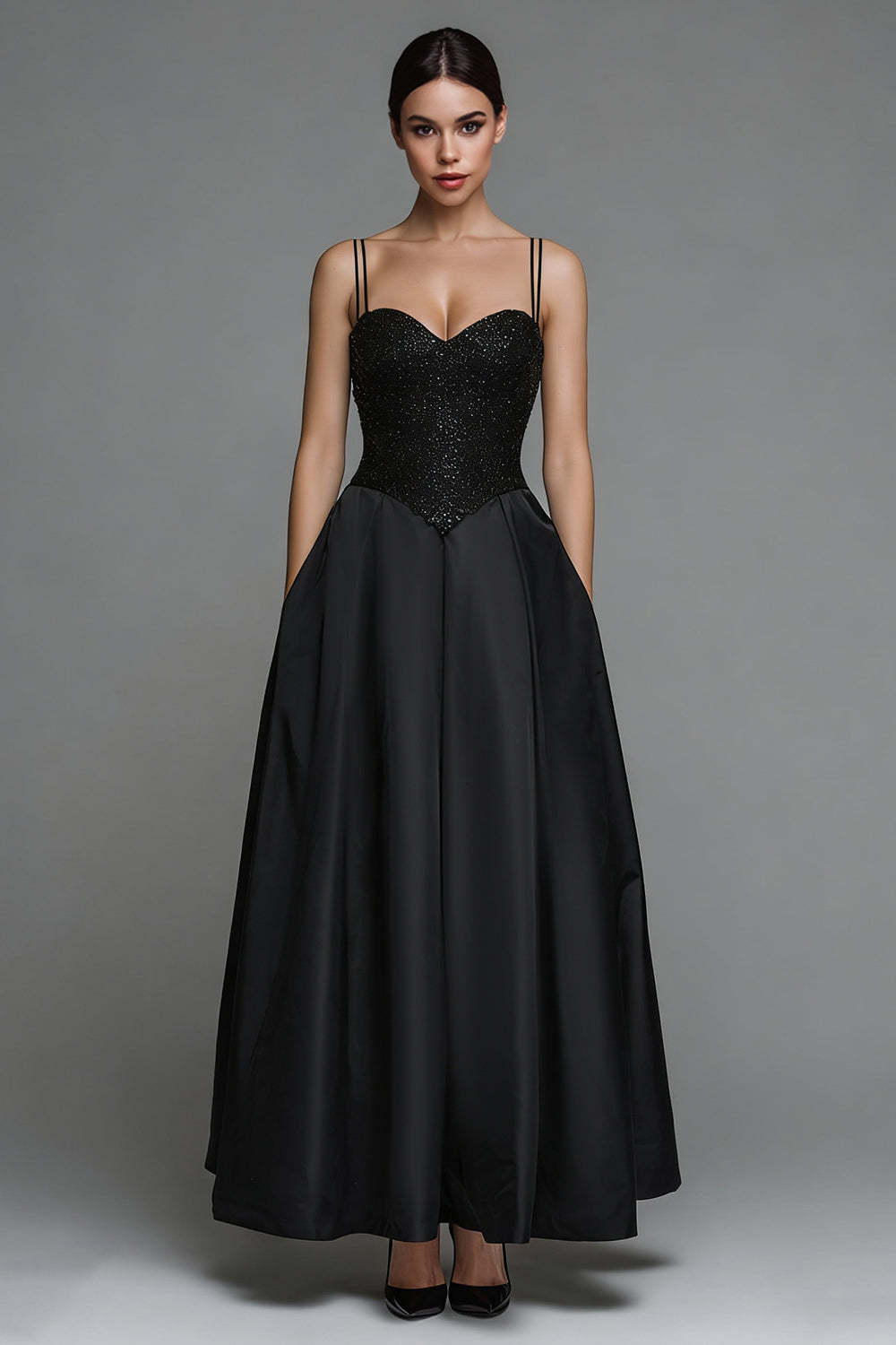 Leely Women Sparkly Satin Long Formal Dress with Sequins Spaghetti Straps A Line Black Tie Dress