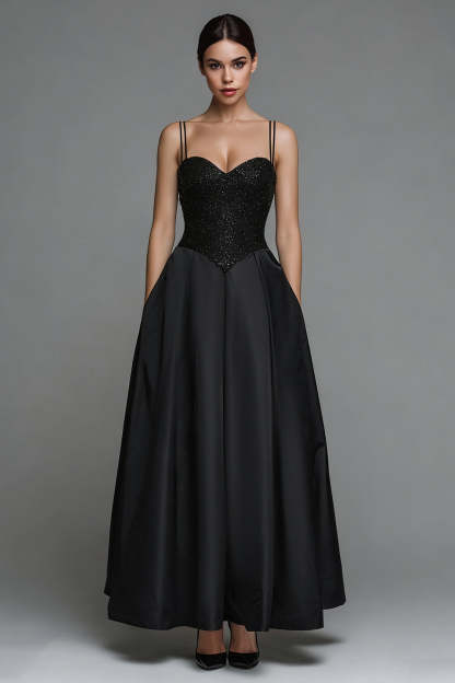 Leely Women Sparkly Satin Long Formal Dress with Sequins Spaghetti Straps A Line Black Tie Dress