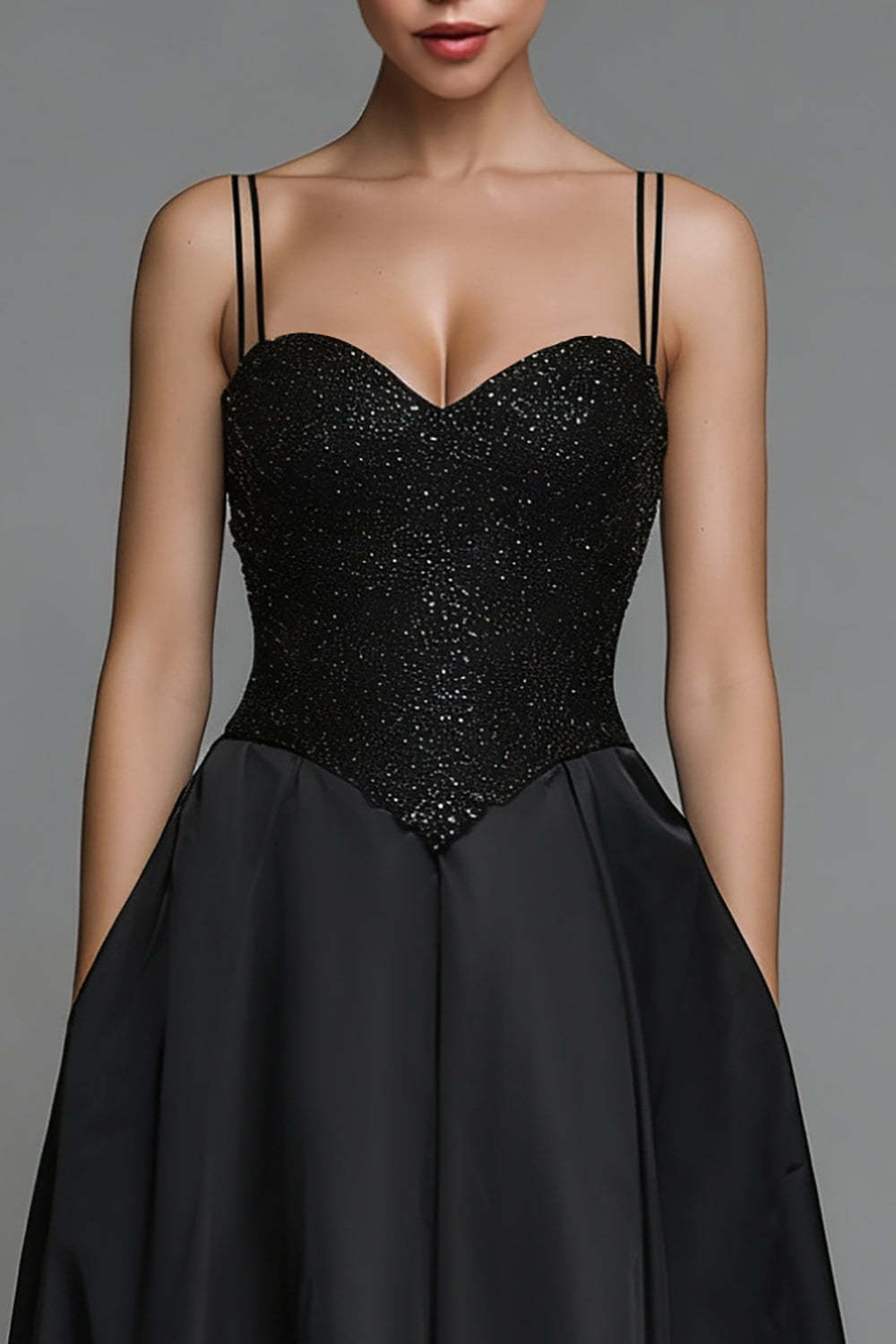 Sparkly Black Spaghetti Straps Satin Long Formal Dress with Sequins