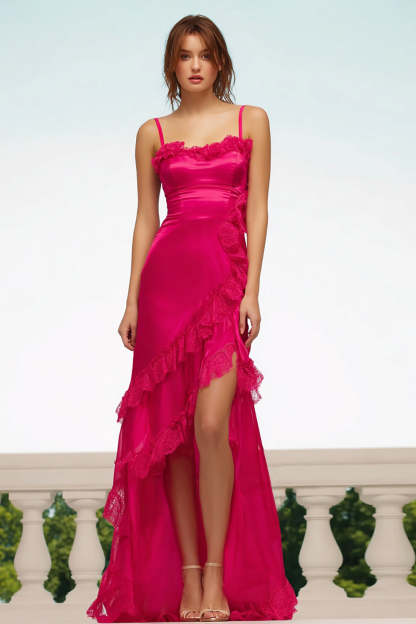 Leely Women Fuchsia Sheath Formal Dress with Slit Satin Ruffled Spaghetti Straps Asymmetrical Prom Dress with Lace
