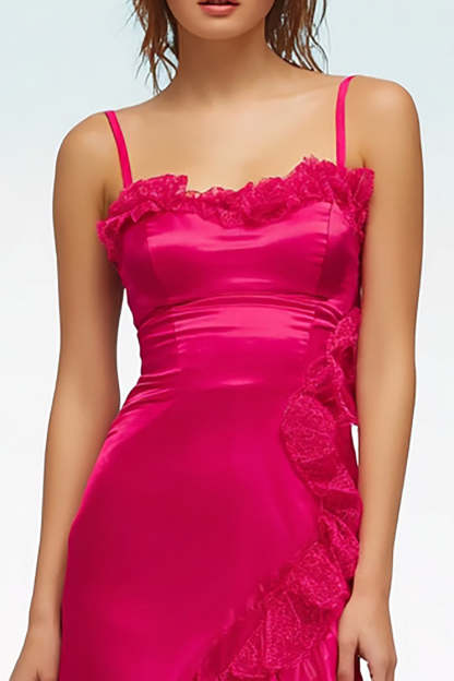 Fuchsia Spaghetti Straps Asymmetrical Formal Dress with Ruffles