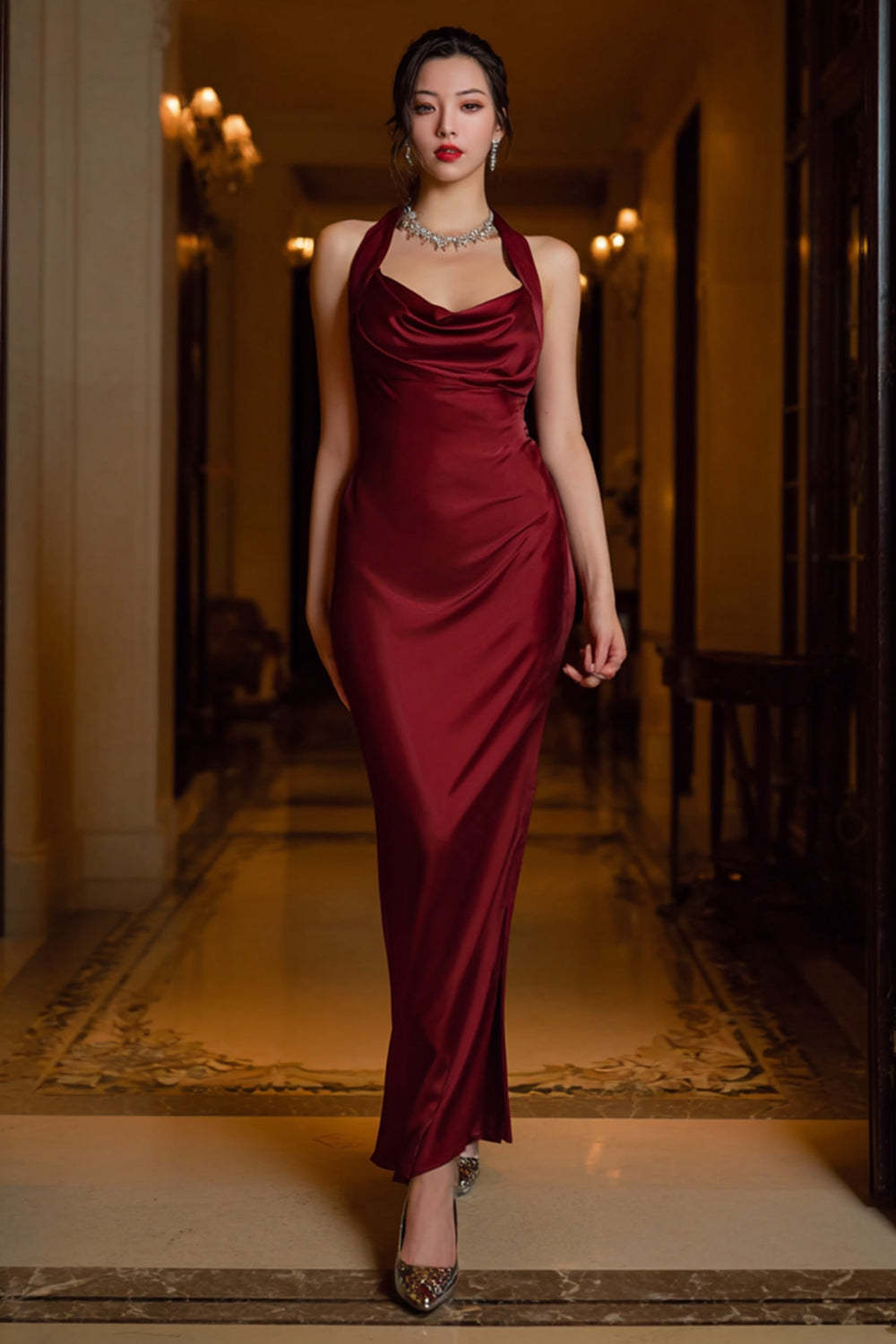 Dark Green Halter Neck Satin Sheath Long Formal Dress