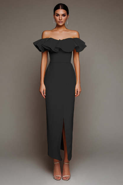Black Off the Shoulder Sheath Long Formal Dress with Slit