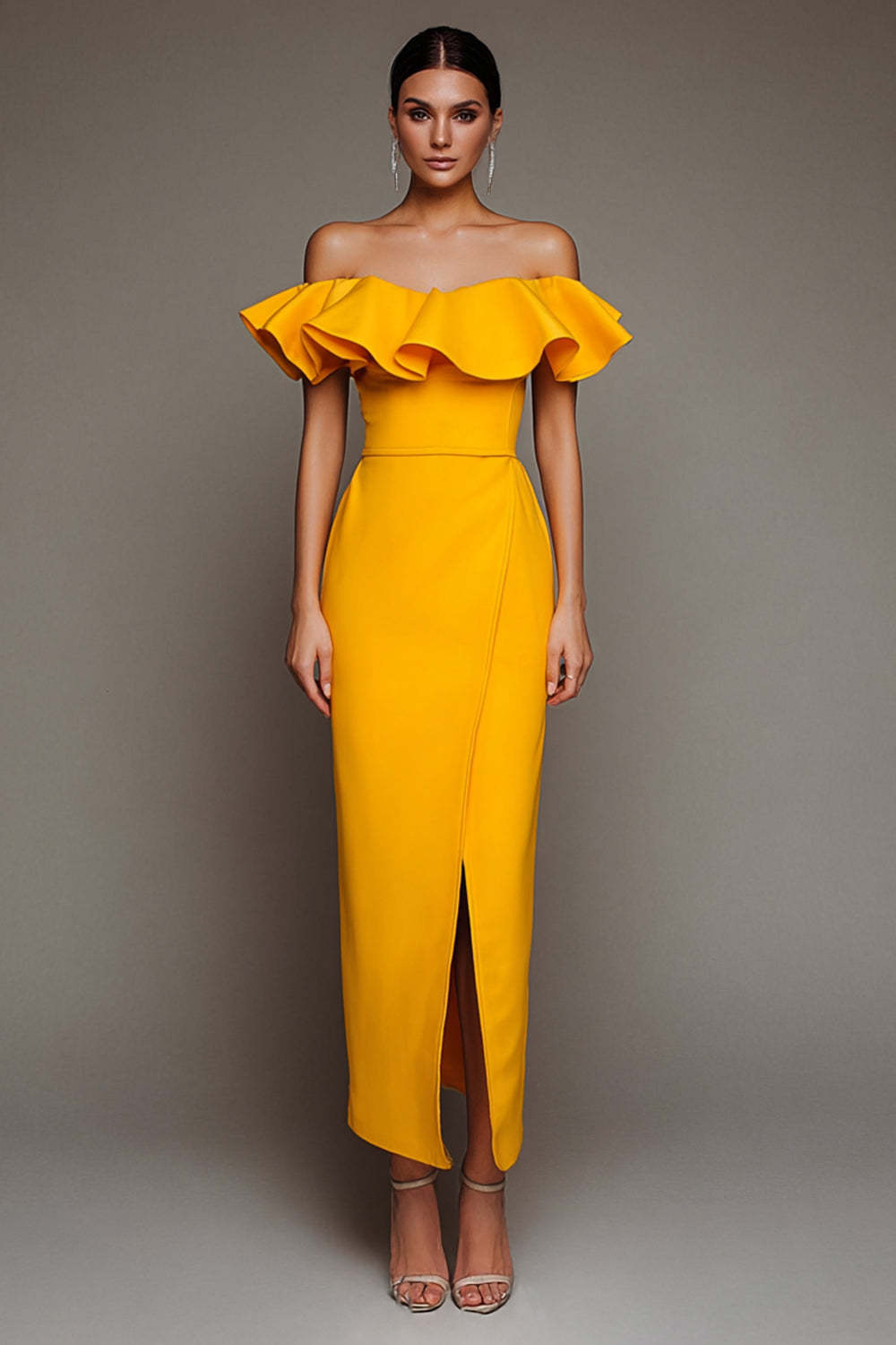 Leely Women Satin Long Formal Dress with Slit Off the Shoulder Sheath Black Tie Dress