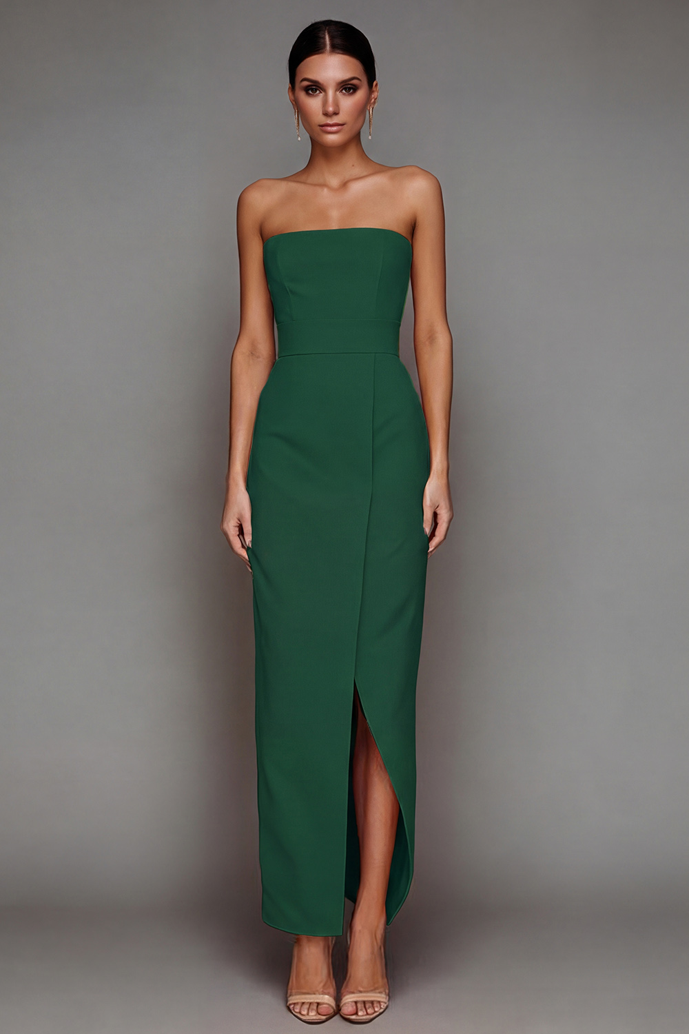 Yellow Satin Strapless Sheath Maxi Formal Dress with Slit
