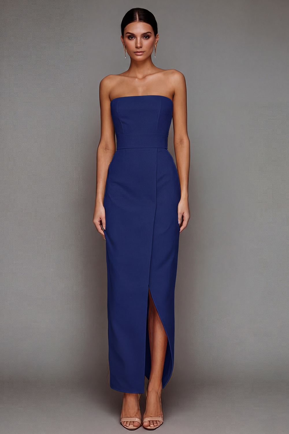 Yellow Satin Strapless Sheath Maxi Formal Dress with Slit