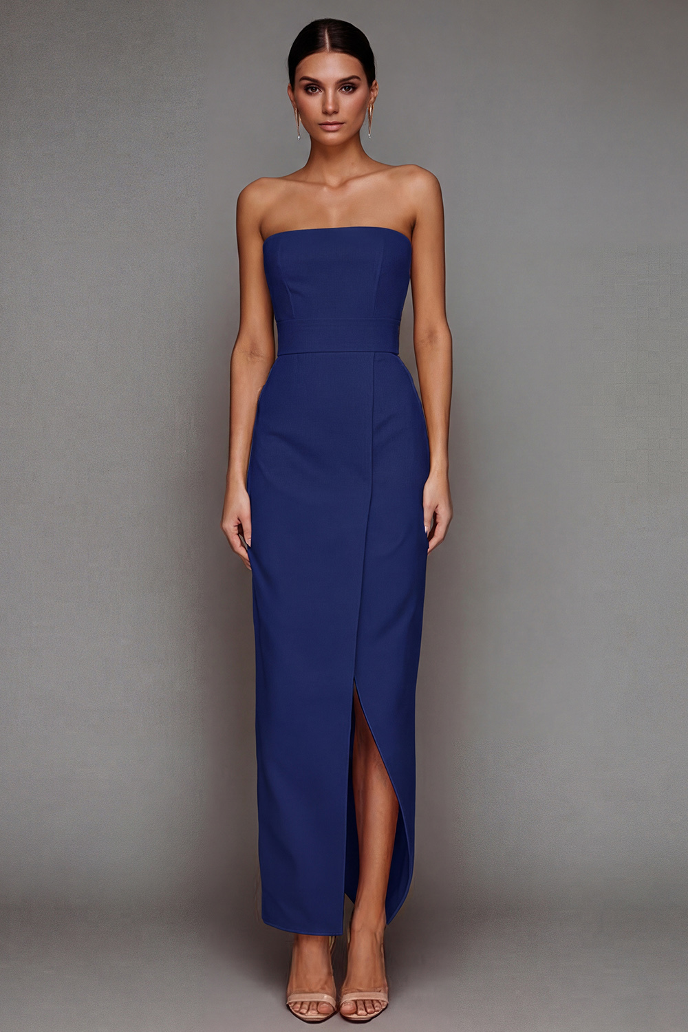 Yellow Satin Strapless Sheath Maxi Formal Dress with Slit