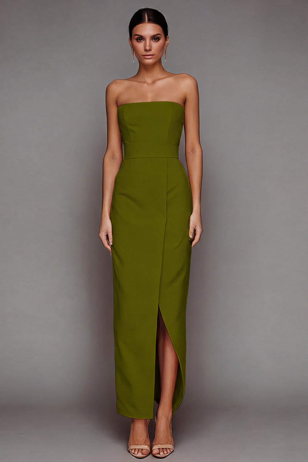 Yellow Satin Strapless Sheath Maxi Formal Dress with Slit