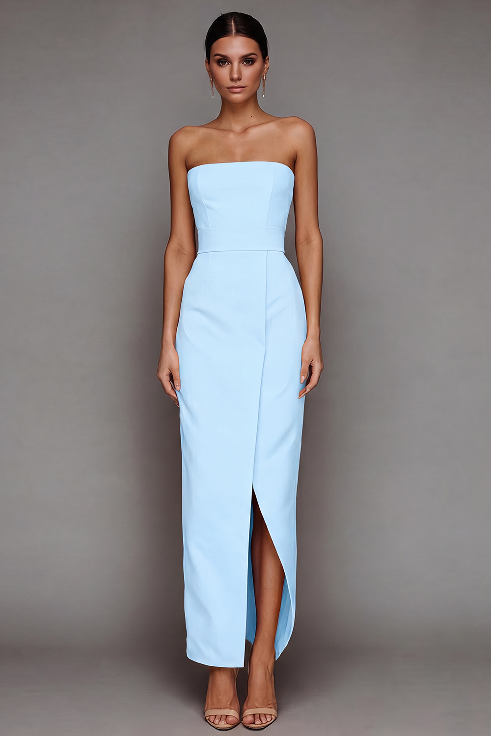 Yellow Satin Strapless Sheath Maxi Formal Dress with Slit