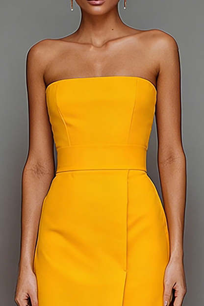 Yellow Satin Strapless Sheath Maxi Formal Dress with Slit