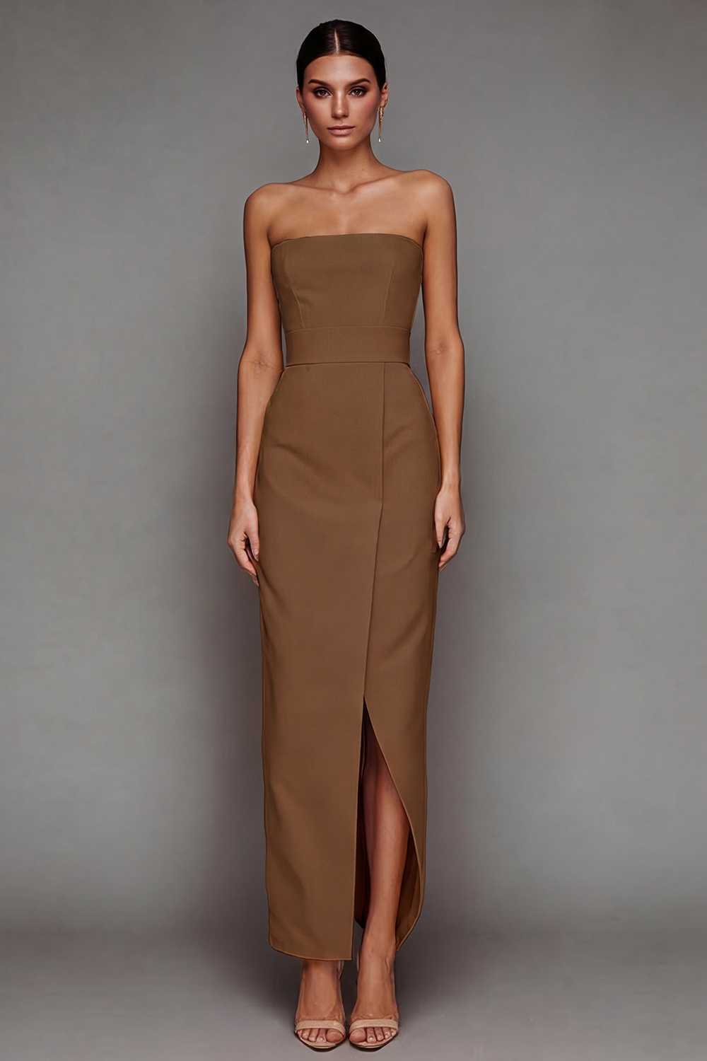 Yellow Satin Strapless Sheath Maxi Formal Dress with Slit