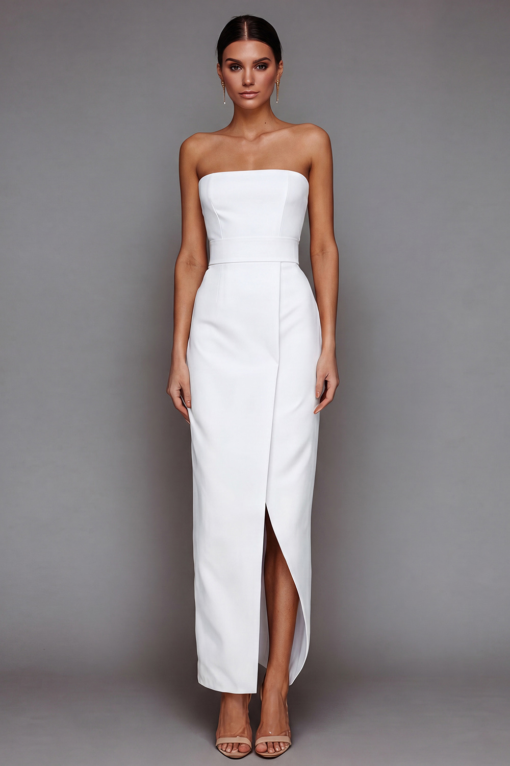 Leely Women Yellow Satin Maxi Formal Dress with Slit Sheath Strapless Wedding Guest Dress