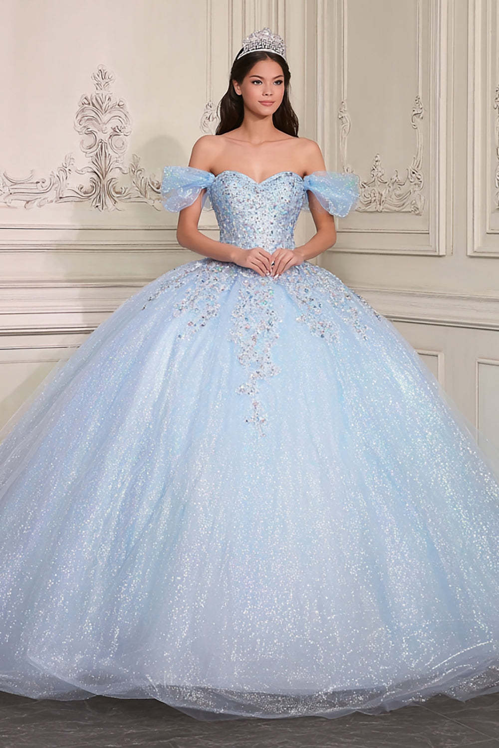 Leely Women Sparkly Princess Sky Blue Glitter Ball Gown Long Quinceanera Dress with Beading Off the Shoulder Sweet 16 Dress