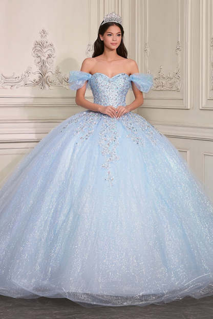 Leely Women Sparkly Princess Sky Blue Glitter Ball Gown Long Quinceanera Dress with Beading Off the Shoulder Sweet 16 Dress