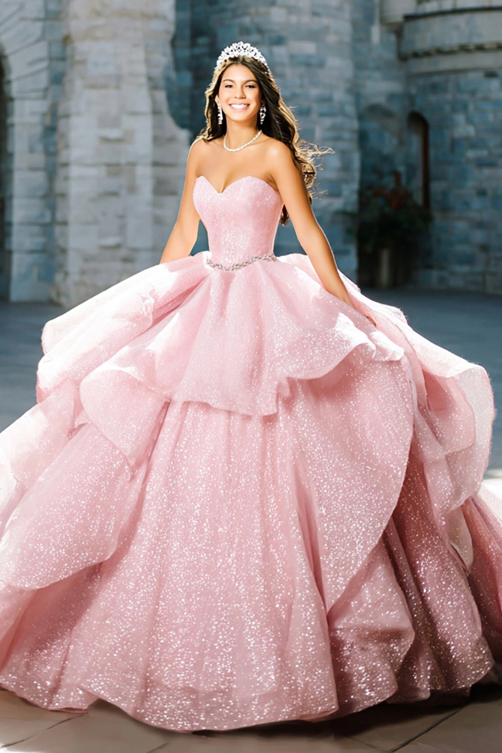 Sparkly Pink Glitter Ball Gown Ruffled Long Quinceanera Dress with Beading
