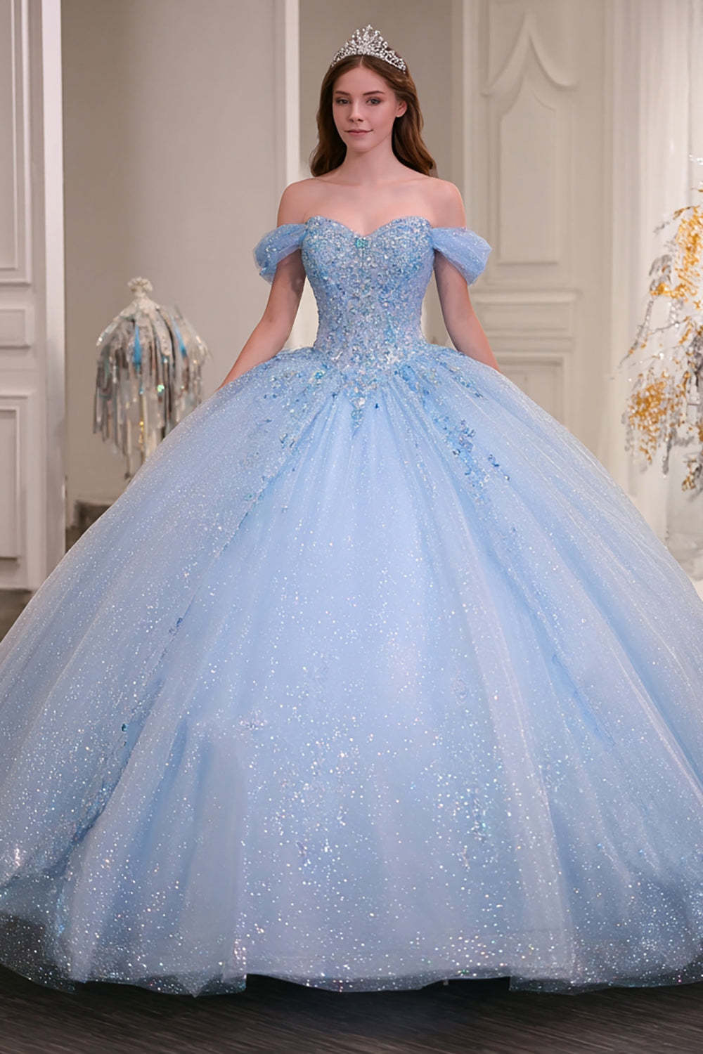 Leely Women Sparkly Sky Blue Ball Gown Beaded Long Quinceanera Dress Glitter Off the Shoulder Princess Sweet 16 Dress