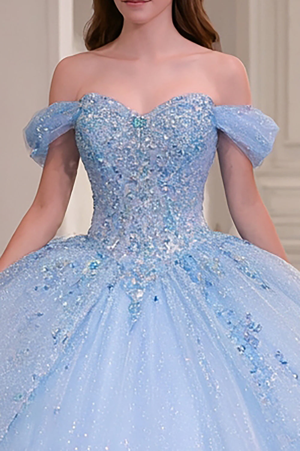 Sparkly Ball Gown Princess Sky Blue Beaded Long Quinceanera Dress
