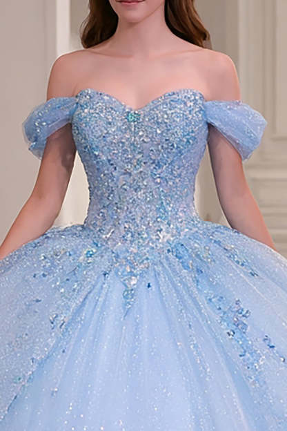 Sparkly Ball Gown Princess Sky Blue Beaded Long Quinceanera Dress