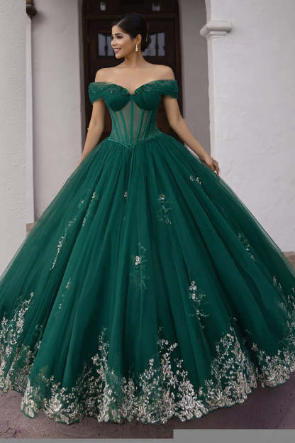Leely Women Dark Green Ball Gown Long Corset Quinceanera Dress Appliqued Tulle Princess Off the Shoulder Sweet 16 Dress