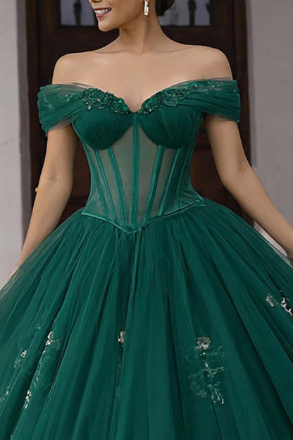 Sparkly Dark Green Ball Gown Tulle Appliqued Long Corset Quinceanera Dress
