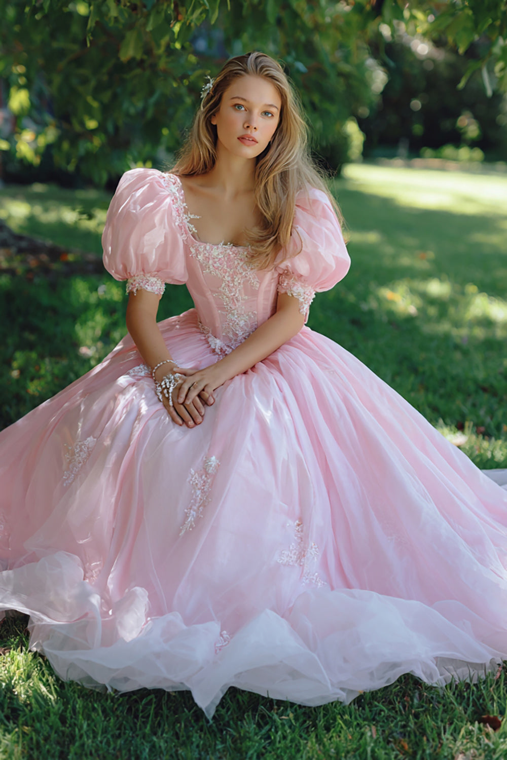 Leely Women Pink Ball Gown Long Corset Quinceanera Dress with Lace Applique Square Neck Puff Sleeves Princess Sweet 16 Dress