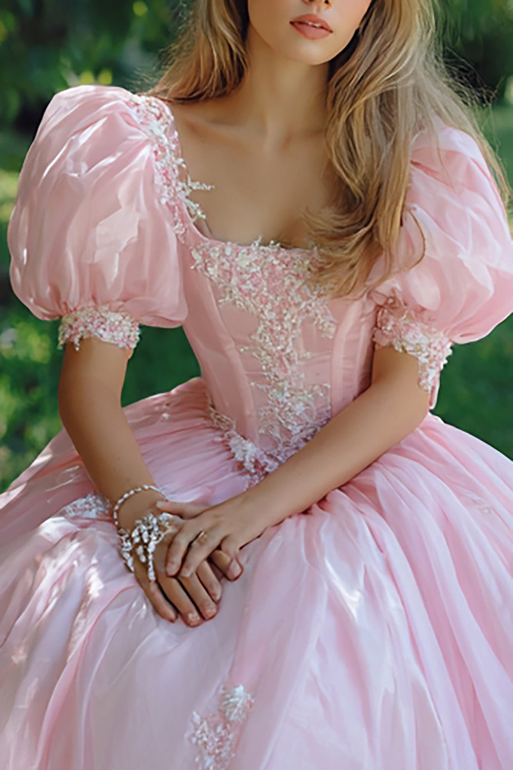 Pink Square Neck Puff Sleeves Ball Gown Long Quinceanera Dress with Lace