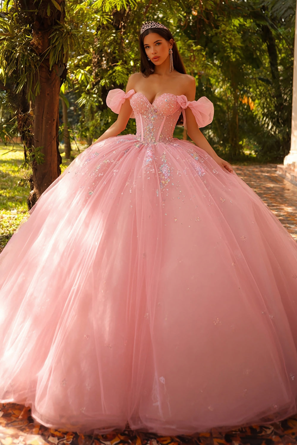 Pink Ball Gown Tulle Off the Shoulder Long Quinceanera Dress with Sequin
