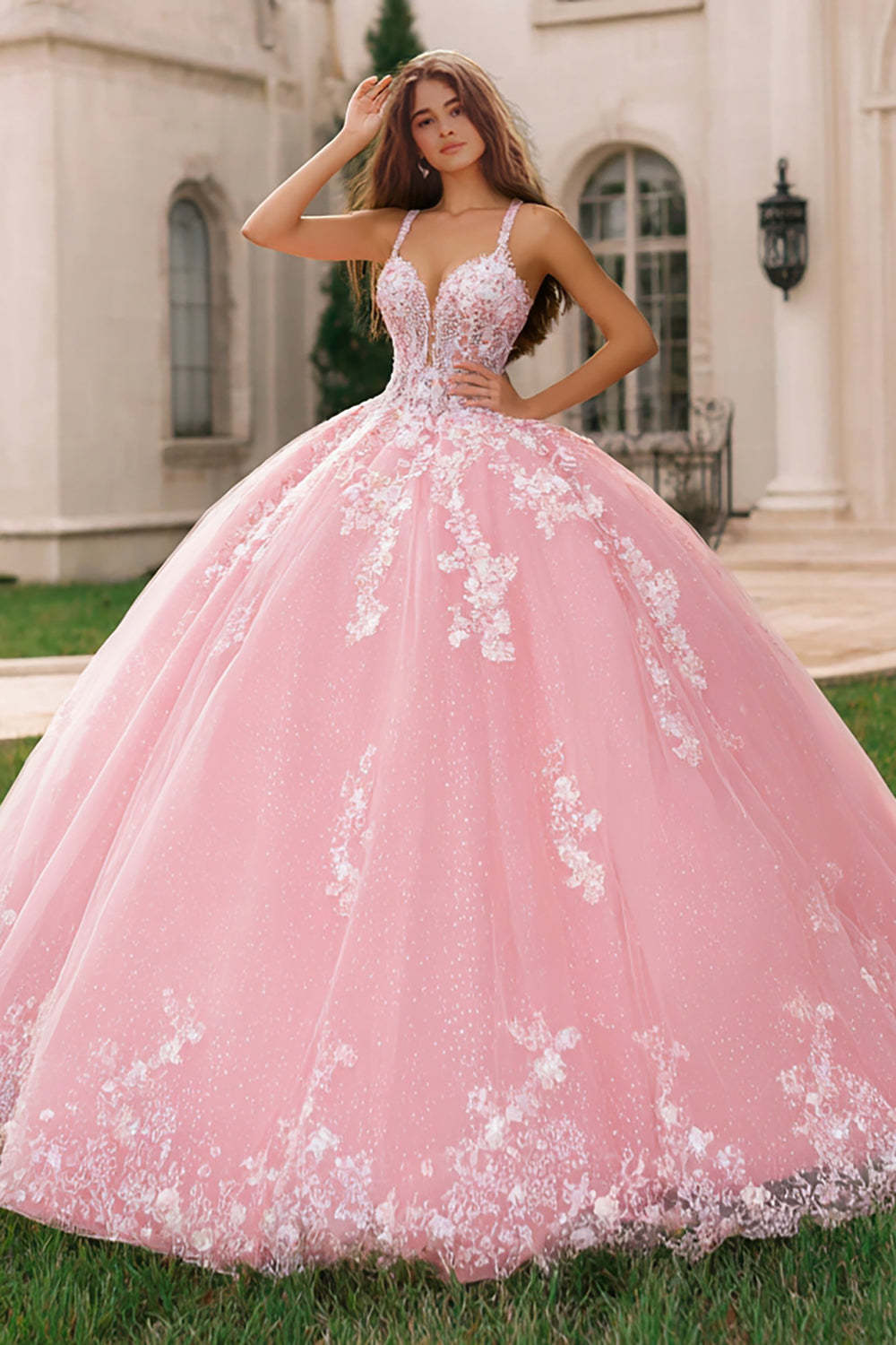 Leely Women Floral Pink Tulle Ball Gown Long Quinceanera Dress with Lace Applique Spaghetti Straps Princess Sweet 16 Dress