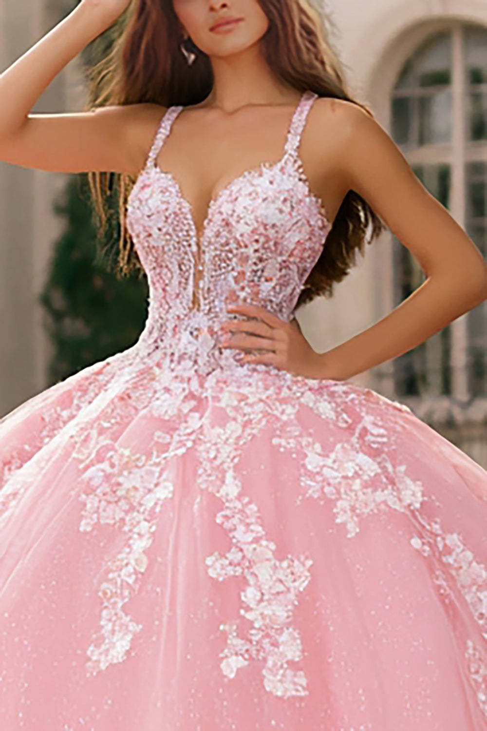 Floral Pink Tulle Ball Gown Long Quinceanera Dress with Lace Applique