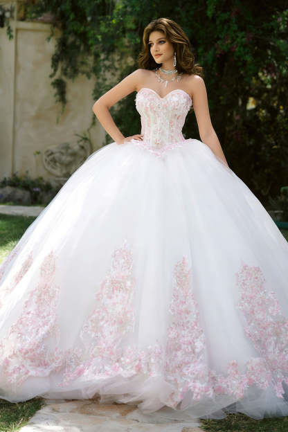 Leely Women Floral Ivory Corset Tulle Ball Gown Long Quinceanera Dress with Appliques Sweetheart Princess Sweet 16 Dress