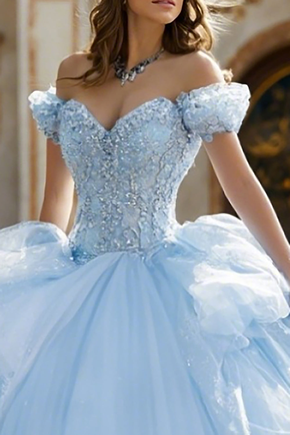 Sky Blue Glitter Ball Gown Long Quinceanera Dress