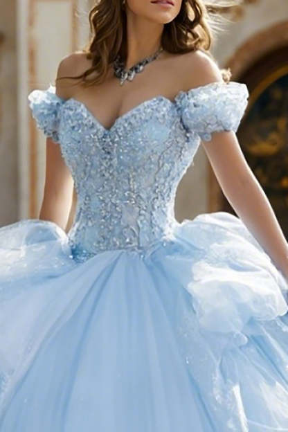 Sky Blue Glitter Ball Gown Long Quinceanera Dress