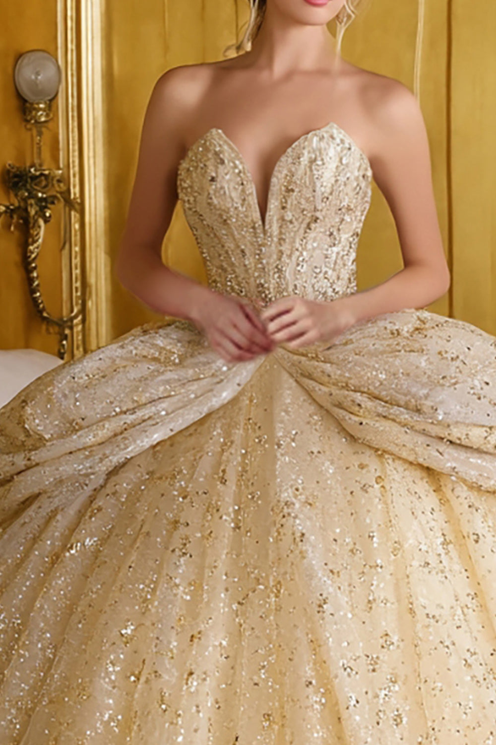 Sparkly Gold Sequin Ball Gown Corset Sweetheart Long Quinceanera Dress