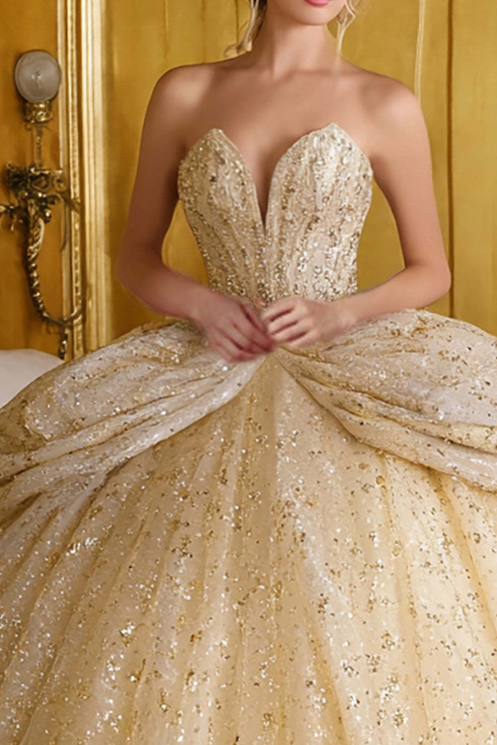 Sparkly Gold Sequin Ball Gown Corset Sweetheart Long Quinceanera Dress
