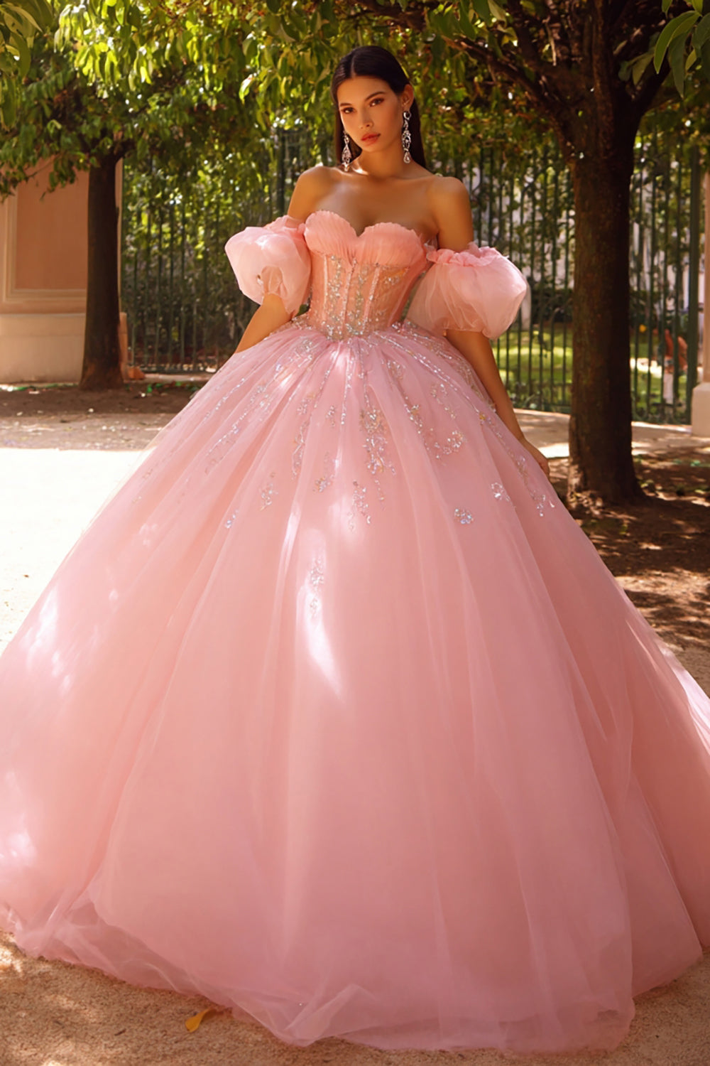 Pink Tulle Ball Gown Puff Sleeves Long Corset Quinceanera Dress