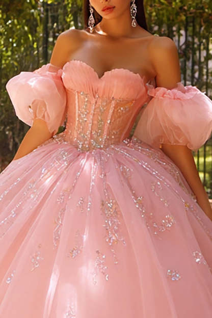 Pink Tulle Ball Gown Puff Sleeves Long Corset Quinceanera Dress