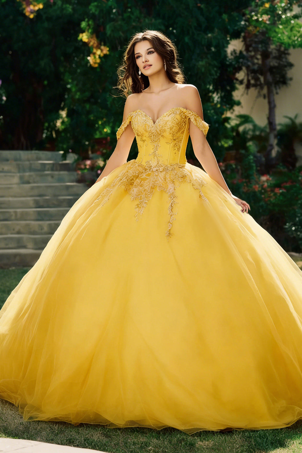 Yellow Ball Gown Tulle Off the Shoulder Long Corset Quinceanera Dress