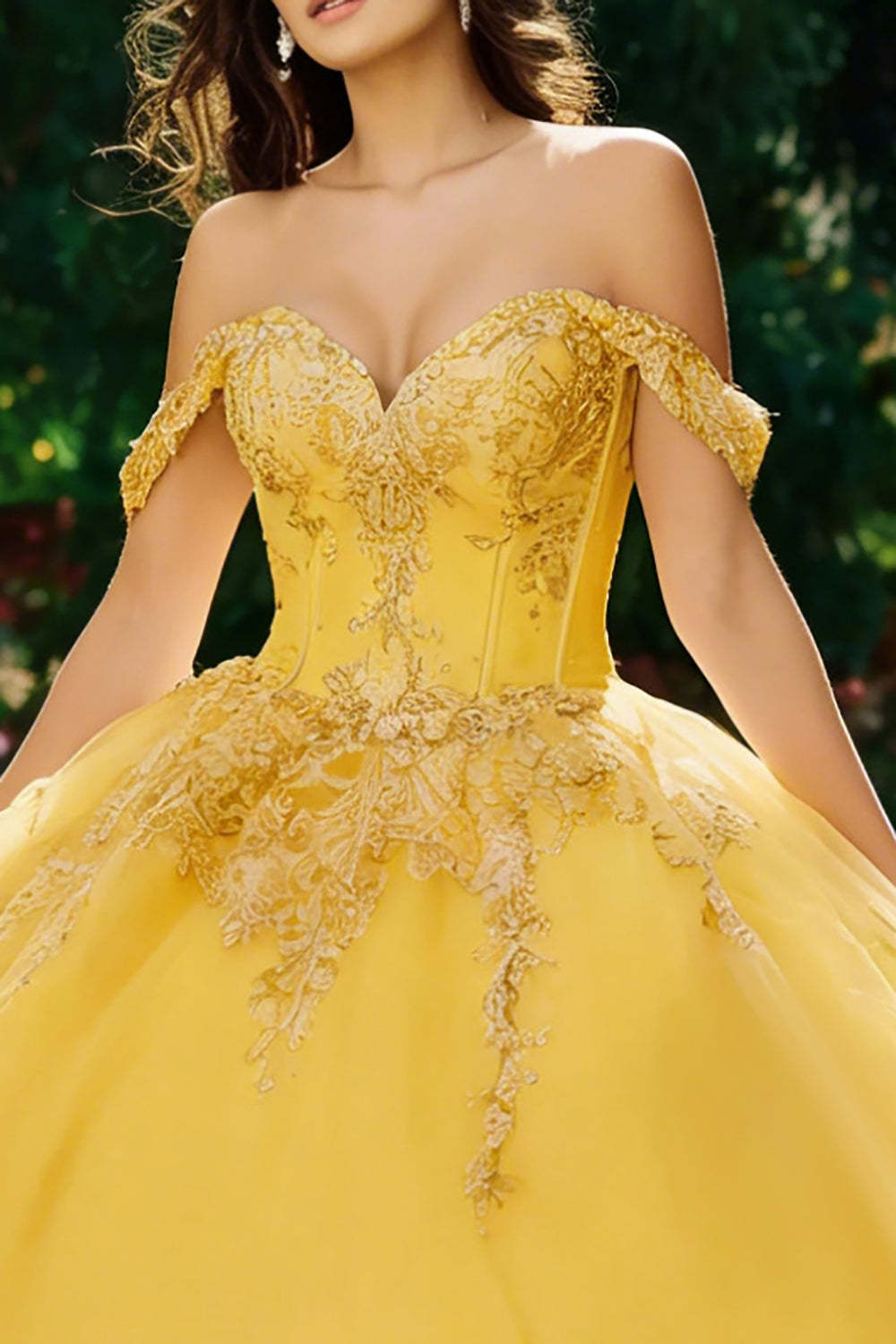 Yellow Ball Gown Tulle Off the Shoulder Long Corset Quinceanera Dress