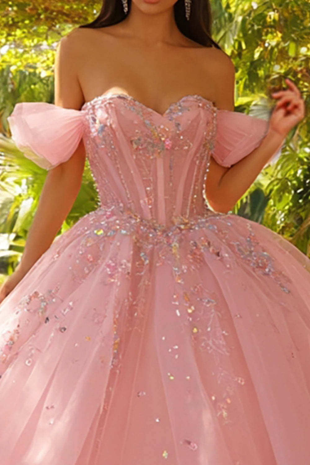 Pink Princess Off the Shoulder Tulle Long Corset Quinceanera Dress