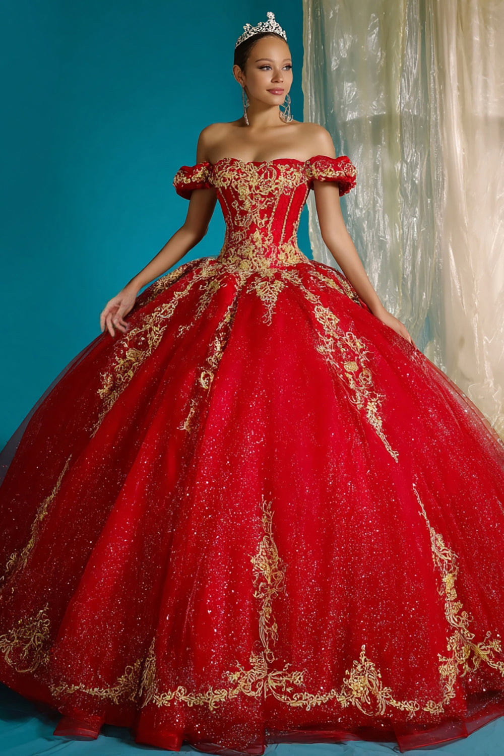 Red Princess Tulle Off the Shoulder Long Quinceanera Dress