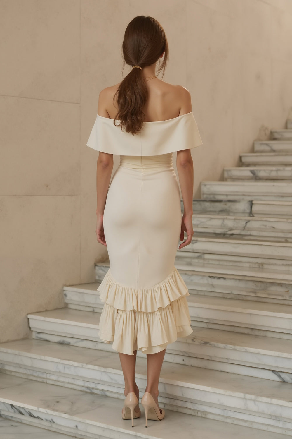 Ivory Mermaid Ruffled Midi Engagement Dress