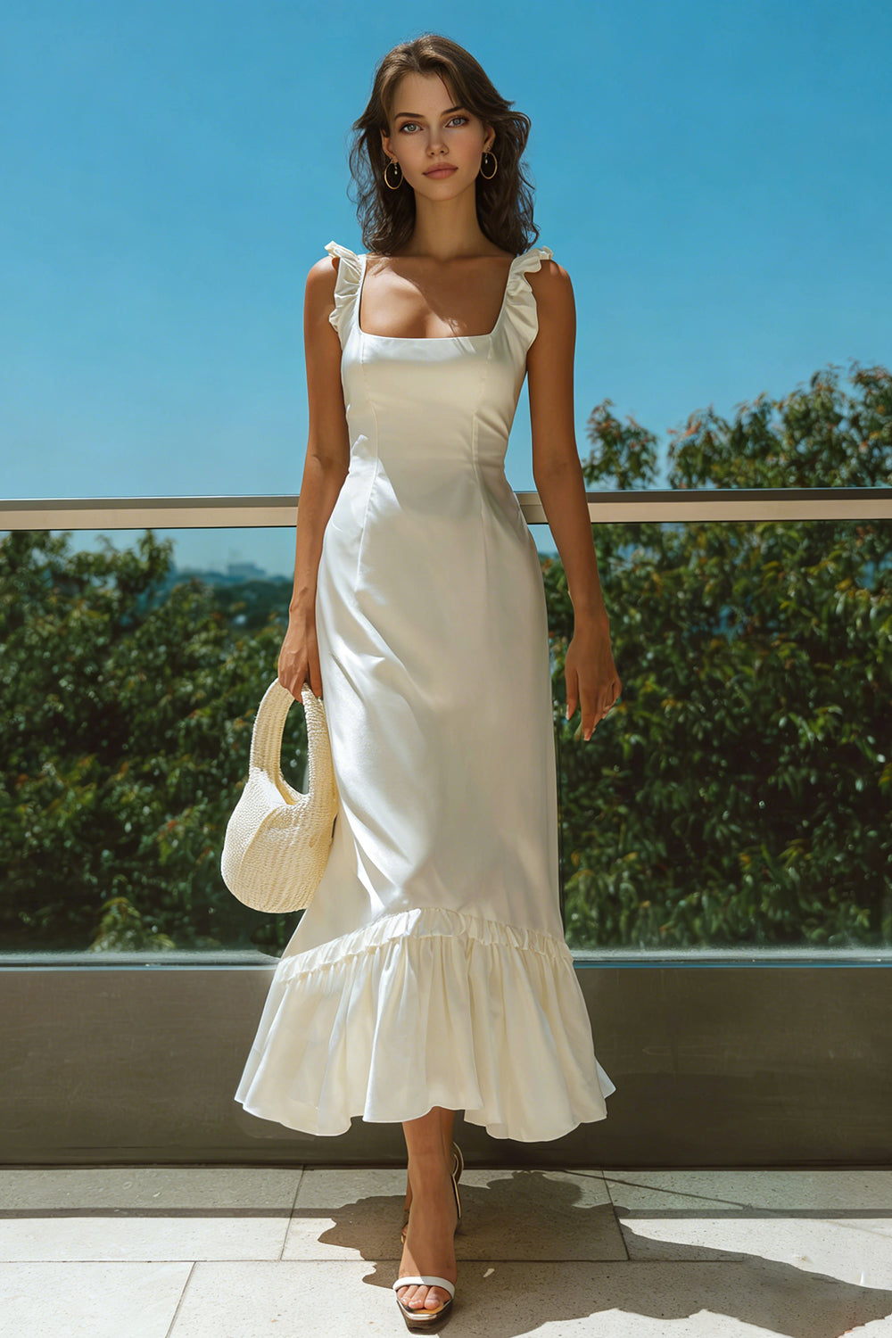 Ivory Square Neck Long Satin Wedding Reception Dress with Ruffles