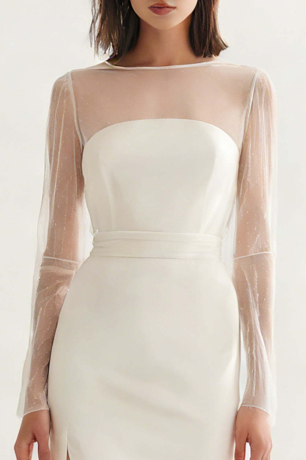 Ivory Satin Illusion Neck Midi Engagement Dress with Slit