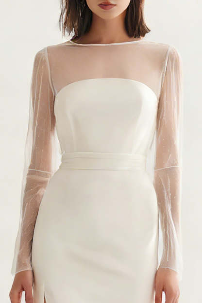 Ivory Satin Illusion Neck Midi Engagement Dress with Slit