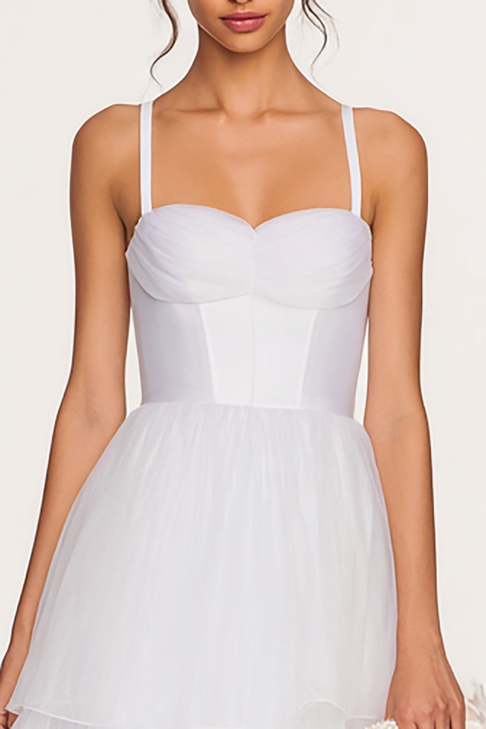 White Midi Tulle Spaghetti Straps Tiered Corset Bridal Shower Dress