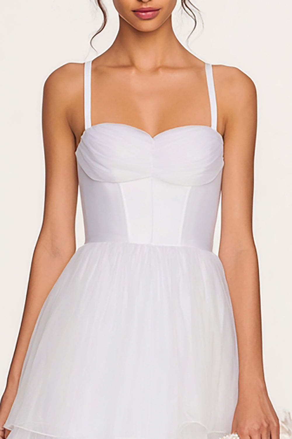 White Midi Tulle Spaghetti Straps Tiered Corset Bridal Shower Dress
