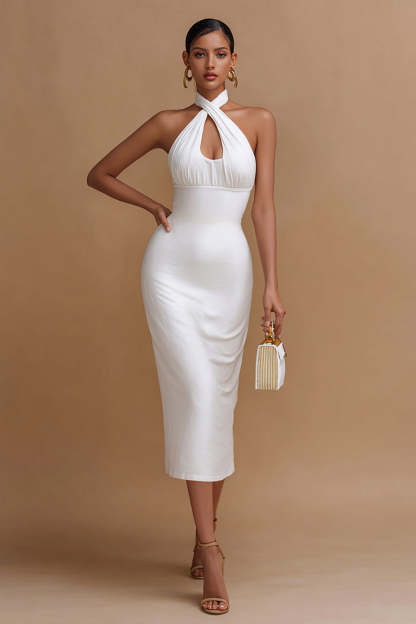 Leely Women White Midi Engagement Dress with Keyhole Bodycon Cross Halter Backess Satin Bridal Shower Dress