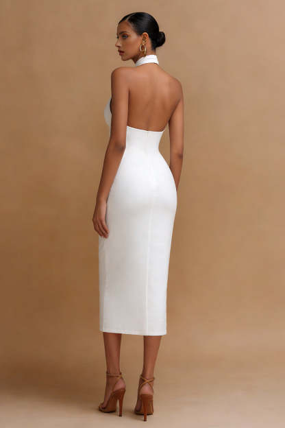 White Cross Halter Bodycon Midi Engagement Dress with Keyhole