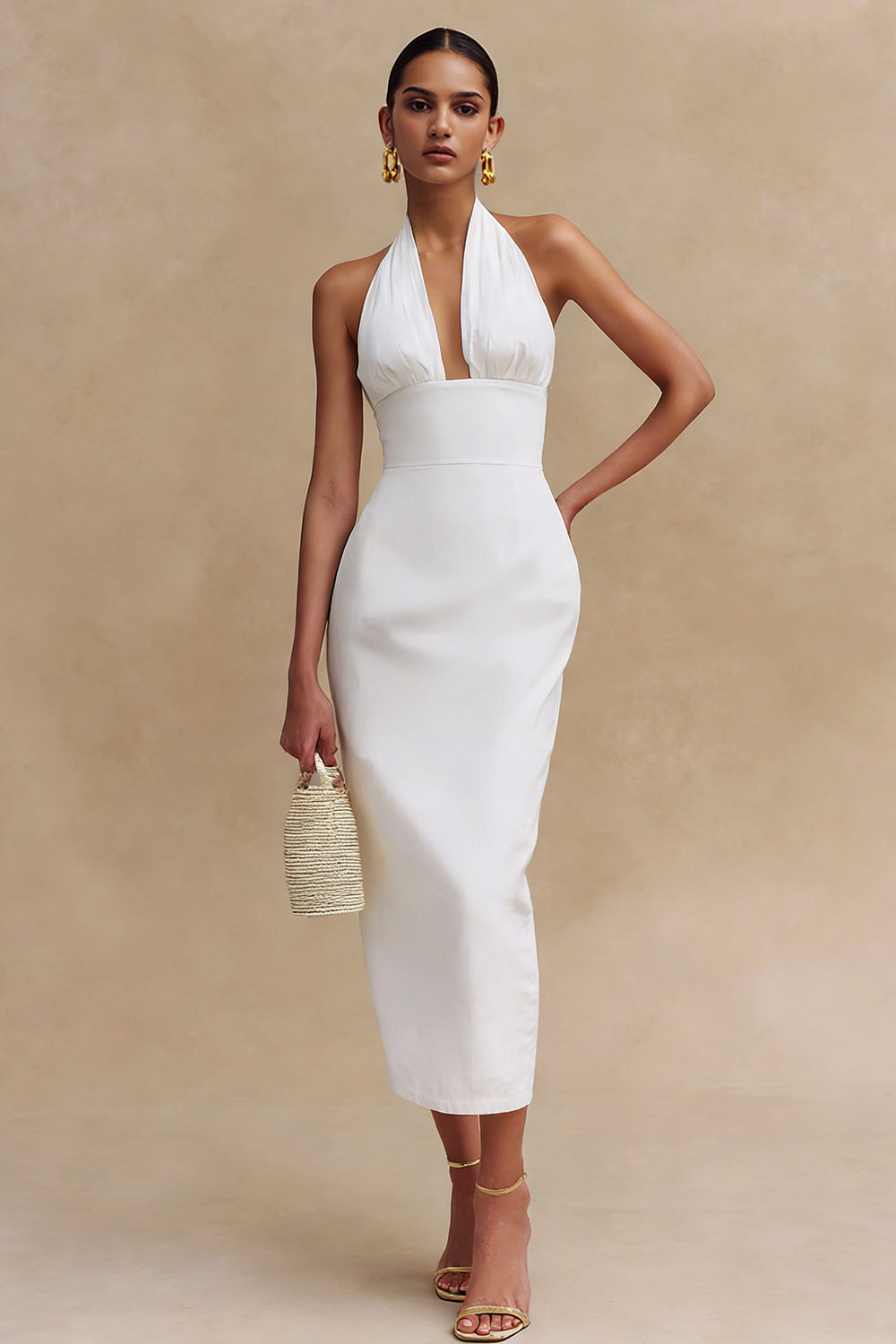 White Halter Neck Bodycon Satin Midi Backless Engagement Dress